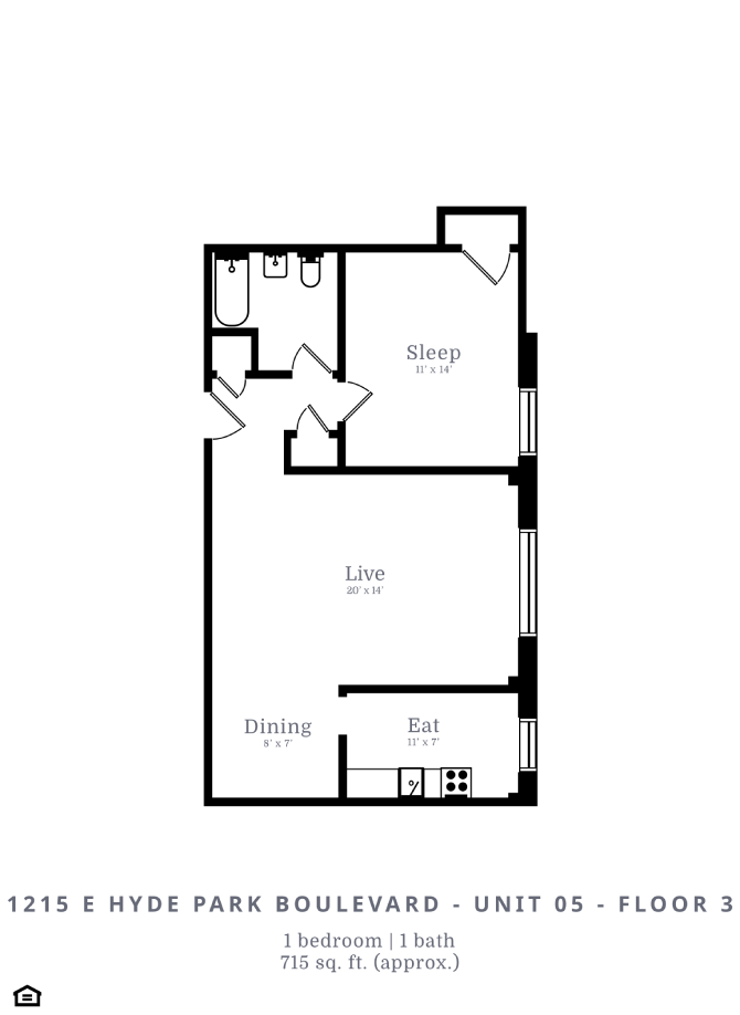 Floor plan for 1 bed, 1 bath, 715 sqft